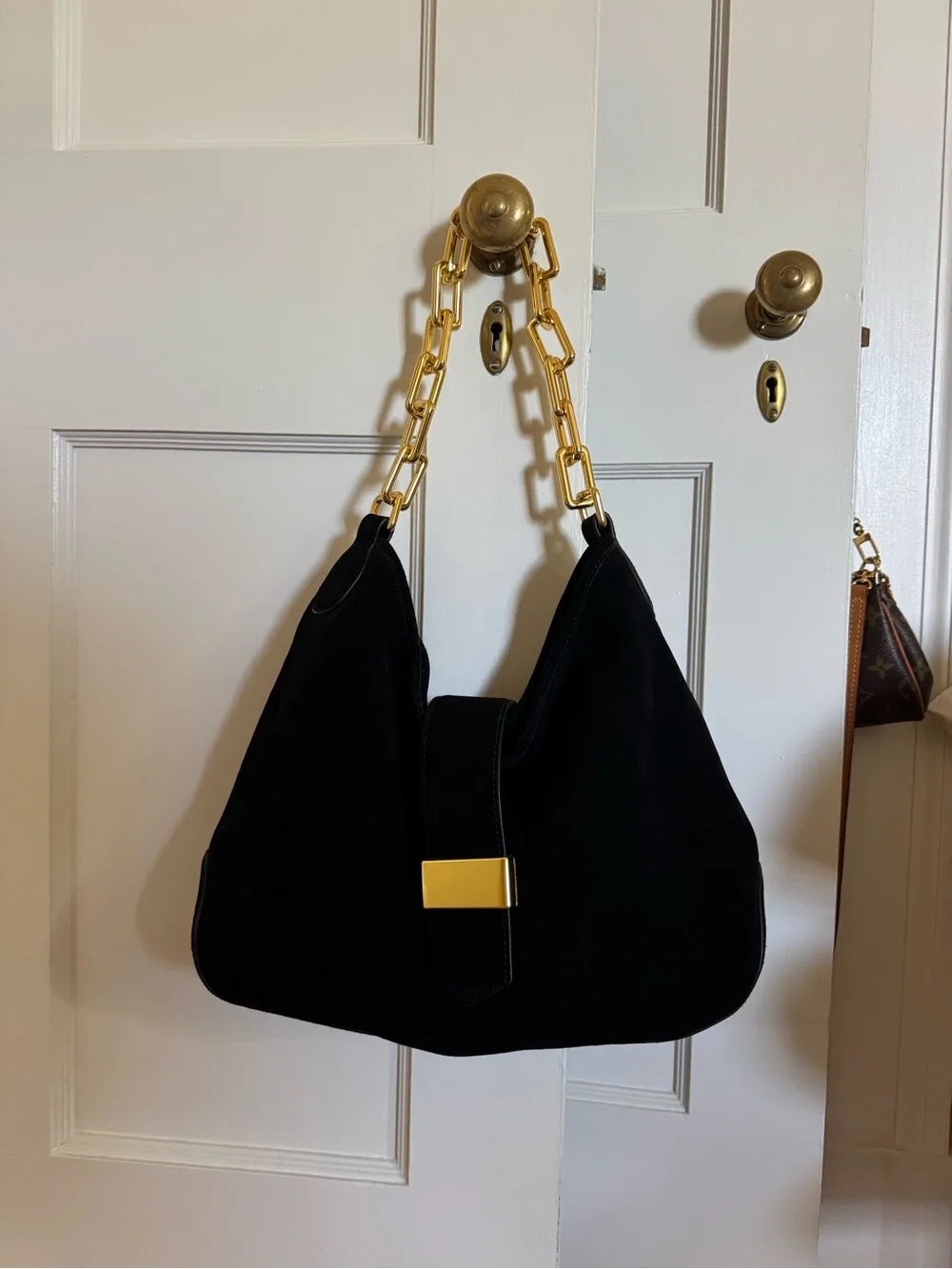 J.Crew - Berkeley Black Suede Chainlink Shoulder Hobo Bag w/ Gold Hardware